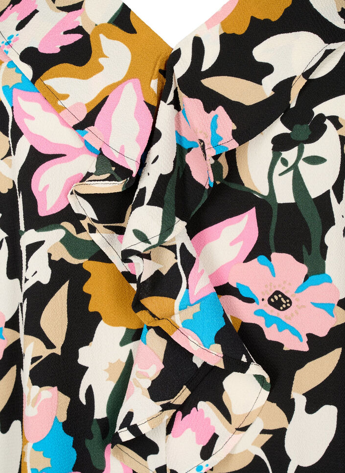Tryckt blus med volanger, Black Multi Flower, Packshot image number 2