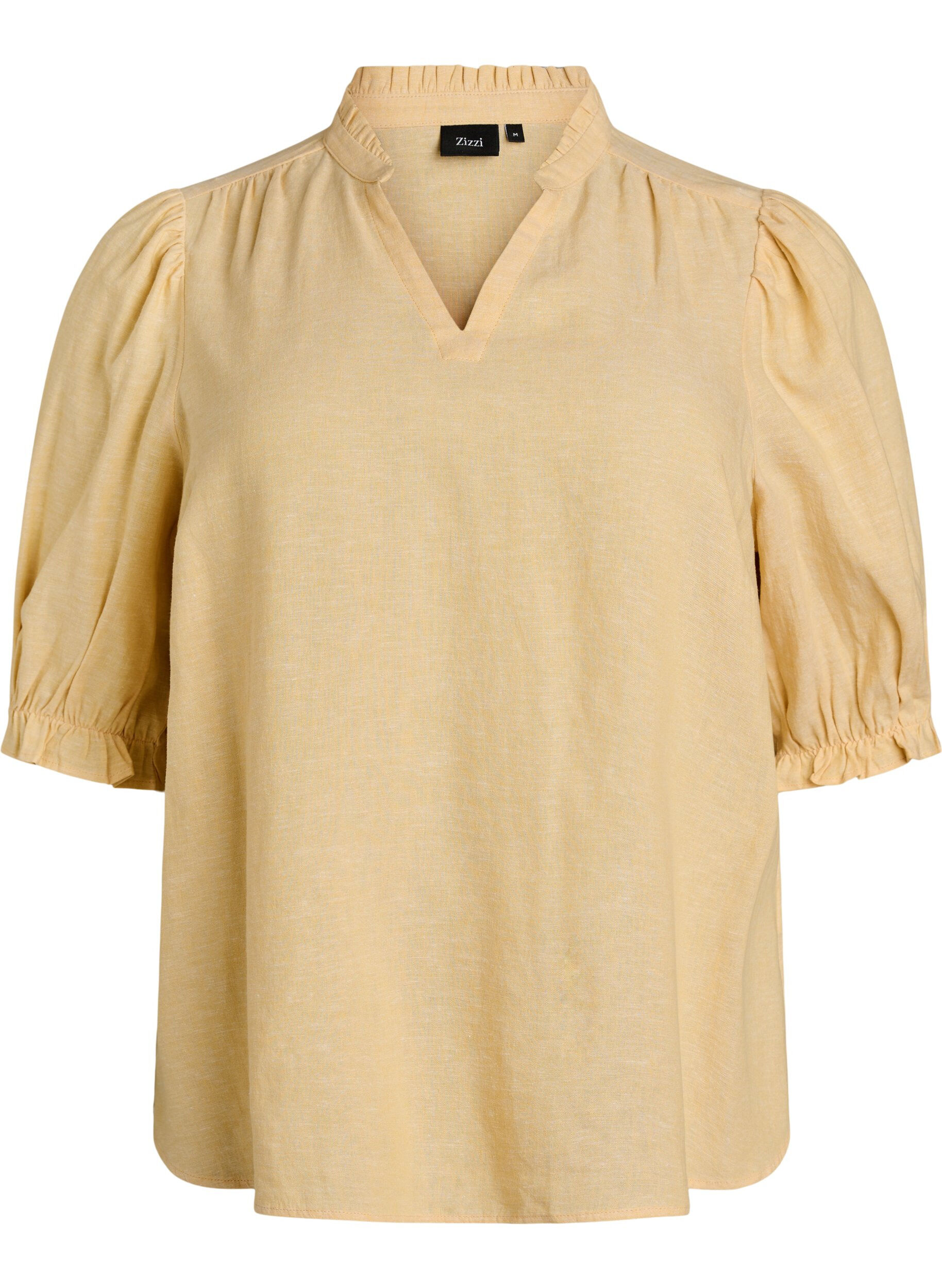 Zizzi Blus i linne och viskos med halvl&aring;nga &auml;rmar, Gul, Packshot image number 0