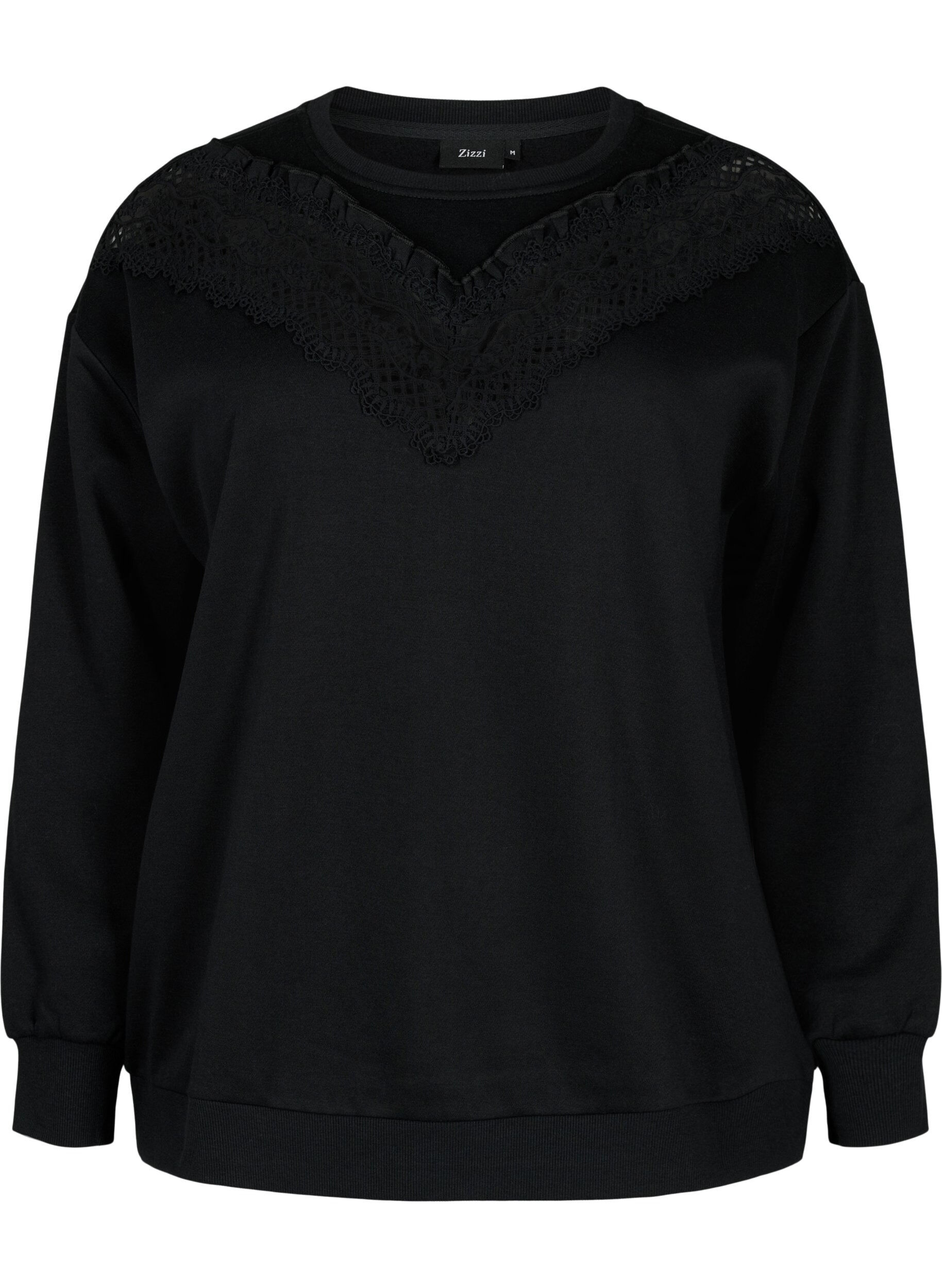 Zizzi Sweatshirt med volang och virkad detalj, Black, Packshot image number 0