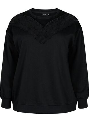Sweatshirt med volang och virkad detalj, Black, Packshot image number 0
