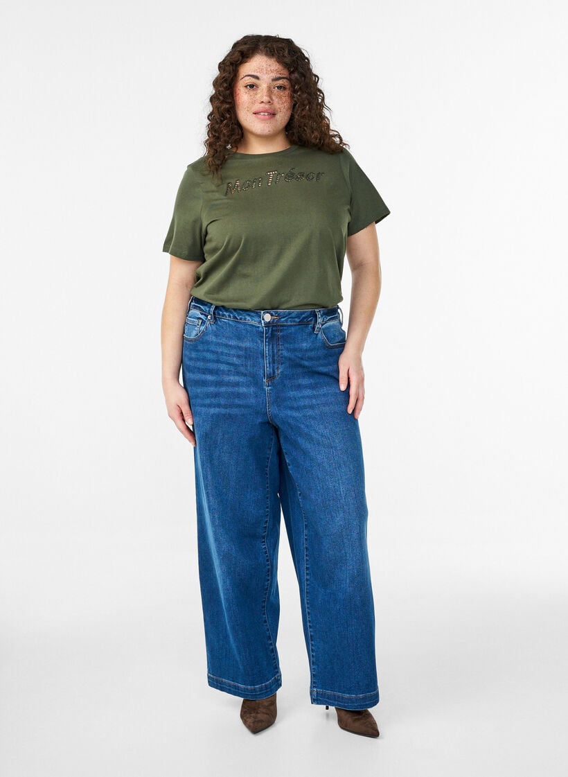 T-shirt i bomull med dekorativ detalj framtill, Gr&ouml;n, Model image number 1