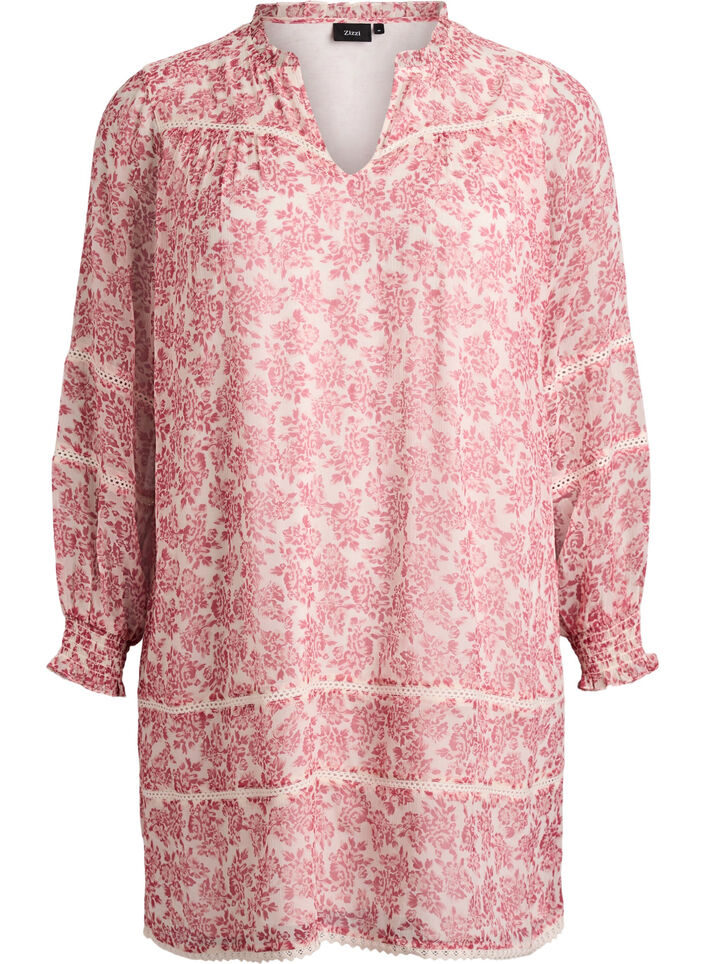 Kort klänning i chiffong med virkade detaljer, Rosa, Packshot