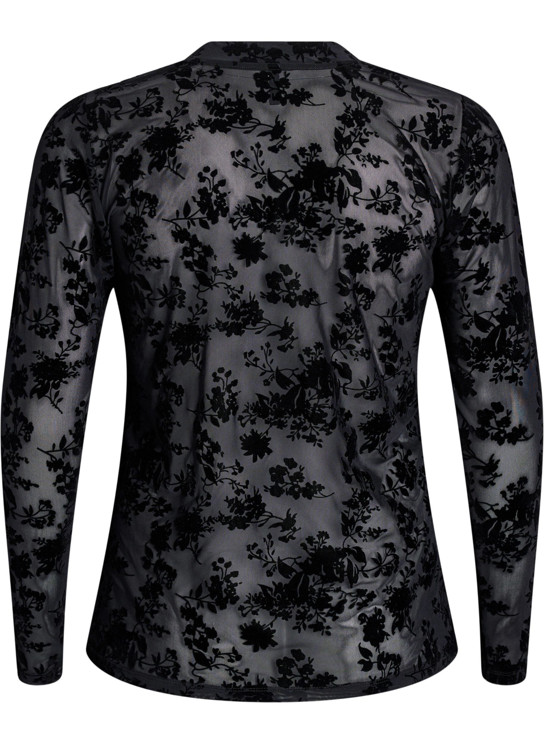 ZizziBlus i mesh med blommigt m&ouml;nster, Svart, Packshot image number 1