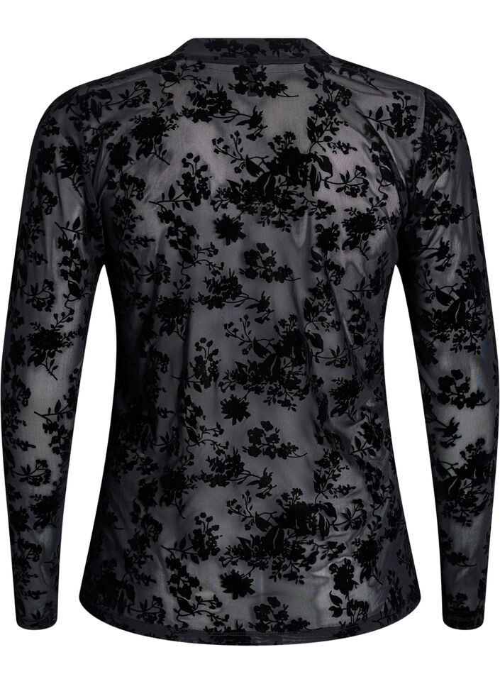 Blus i mesh med blommigt m&ouml;nster, Svart, Packshot image number 1
