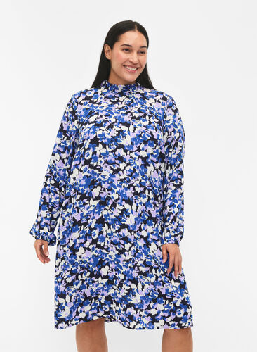 FLASH - Långärmad klänning med blommigt mönster, Blue Purple Flower, Model image number 0