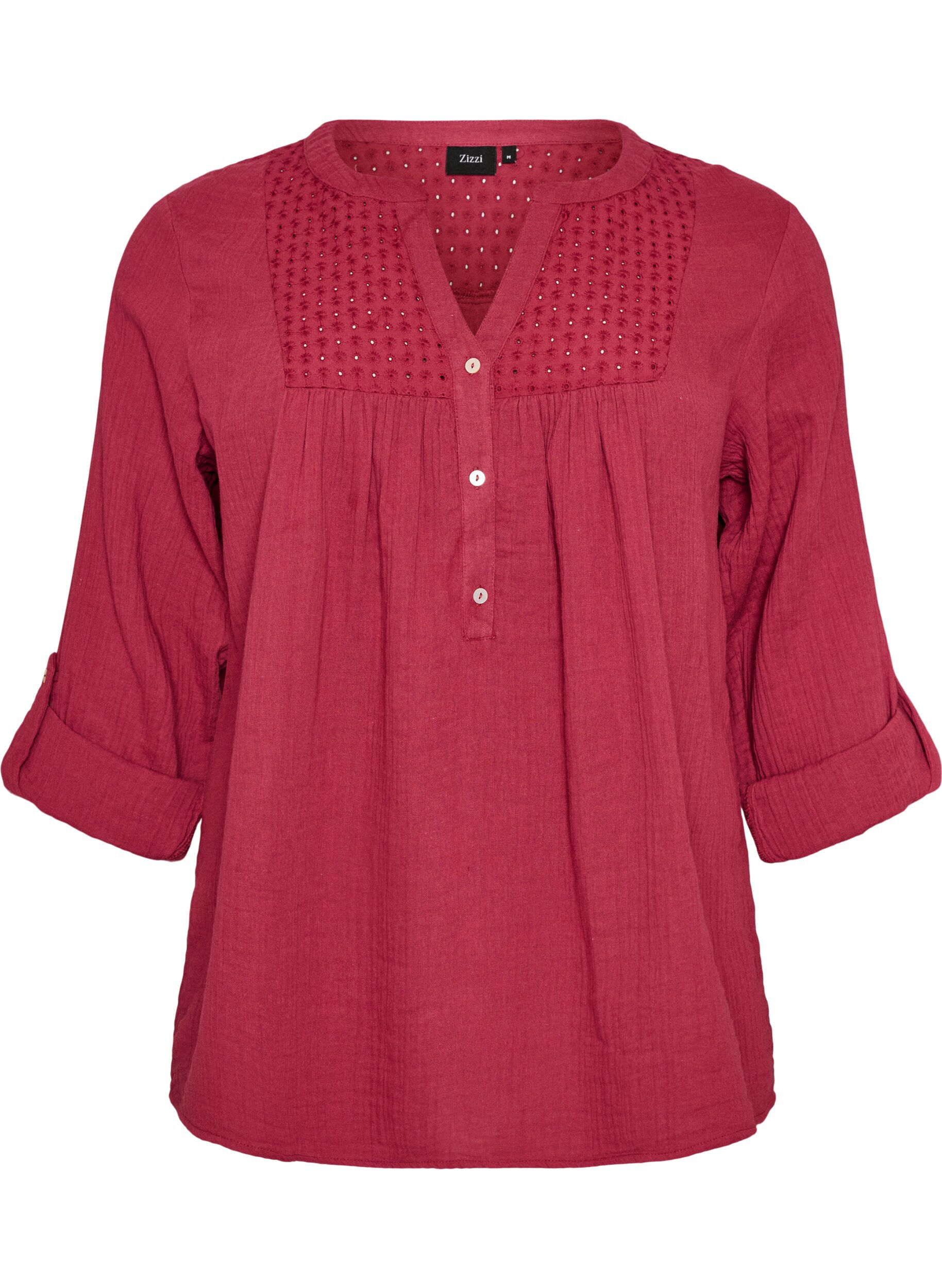 ZizziBlus i bomullsmuslin med broderie anglaise, R&ouml;d, Packshot image number 0