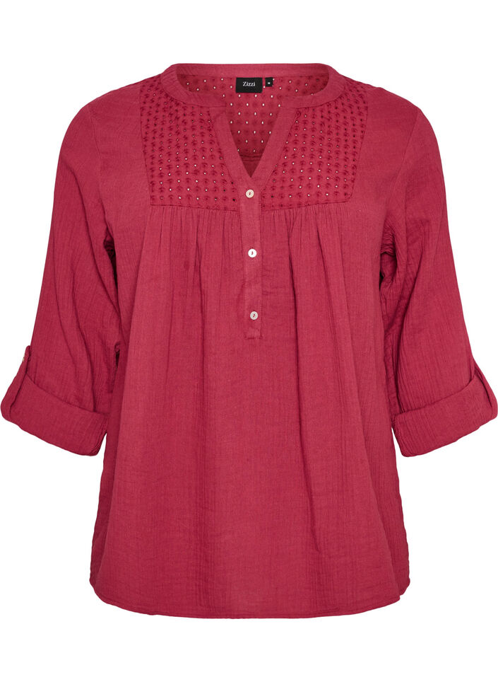 Blus i bomullsmuslin med broderie anglaise, R&ouml;d, Packshot image number 0
