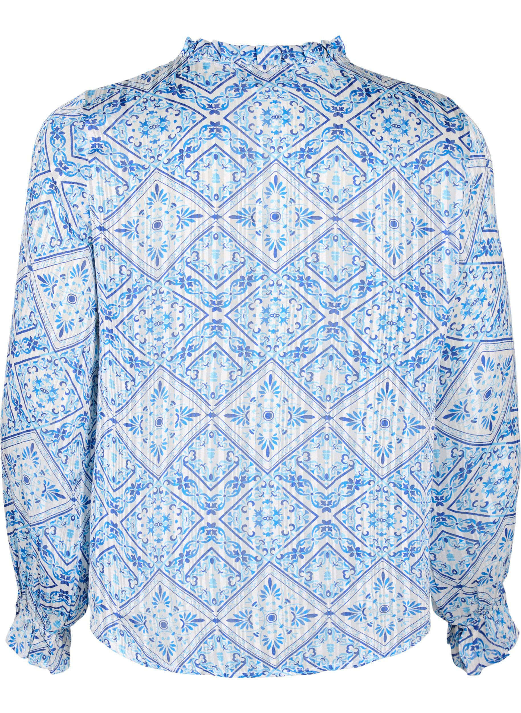 Zizzi L&aring;ng&auml;rmad blus med volanger och tryck, Beige, Packshot image number 1