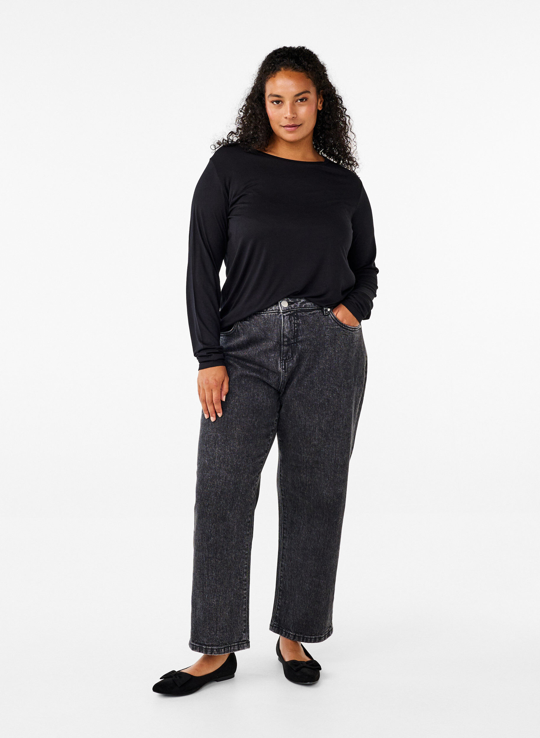 ZizziL&aring;ng&auml;rmad blus i ull och viskos, Svart, Model image number 1