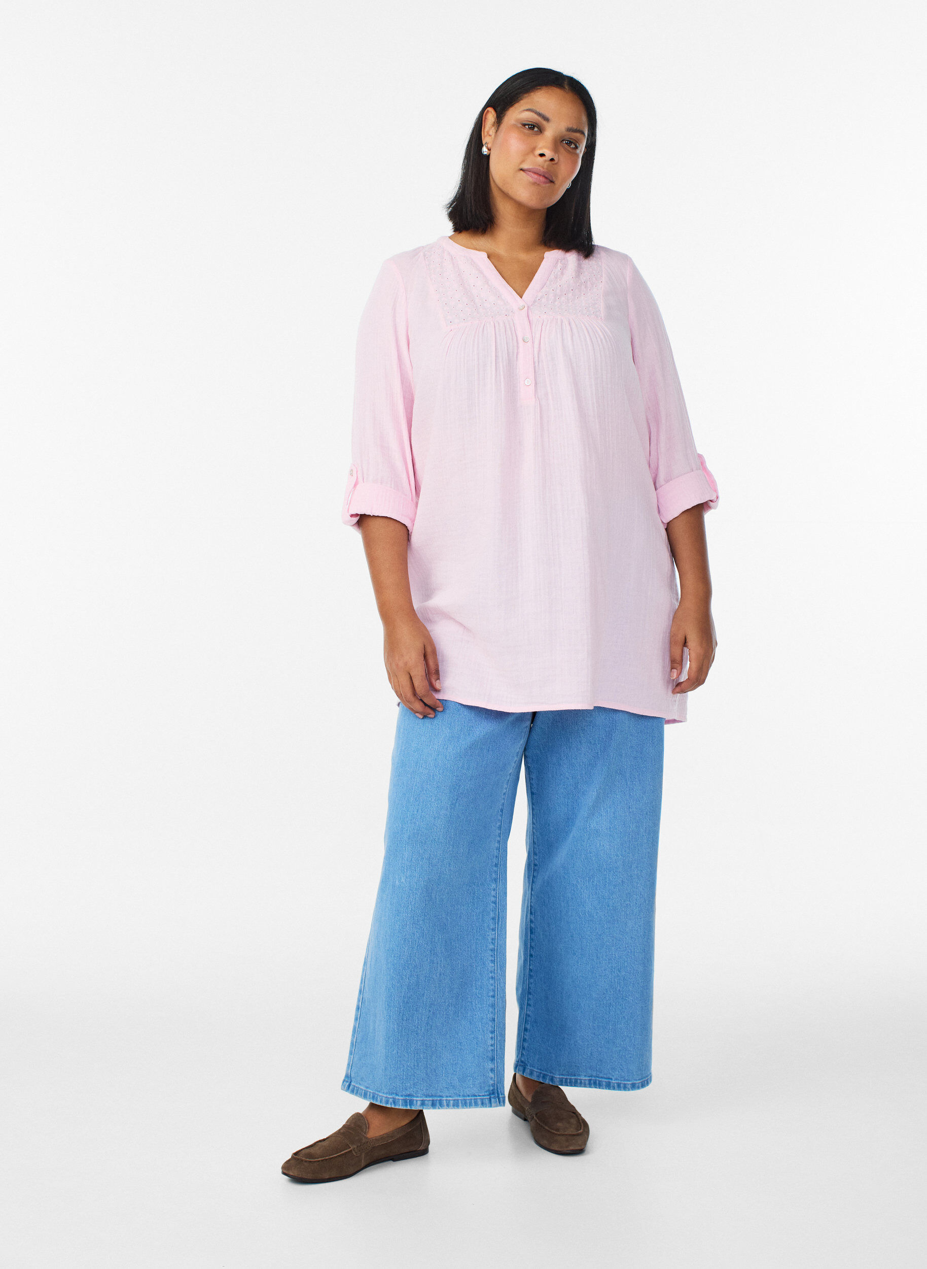 Zizzi Tunika i bomullsmuslin med broderie anglaise, Rosa, Model image number 1