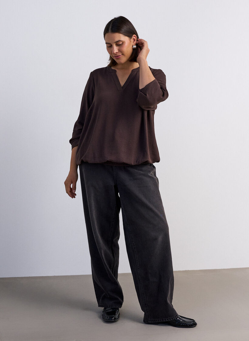 Blus i ballongsilhuett med v-ringning, Brun, Model image number 1