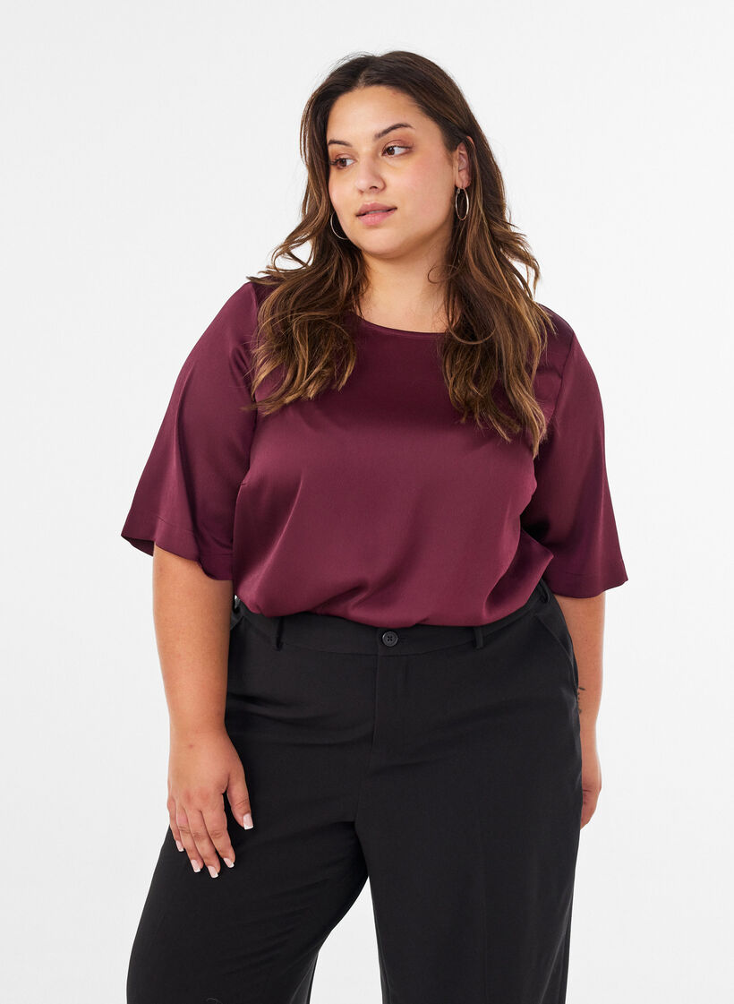 Blus i satin med armb&aring;gsl&aring;nga &auml;rmar, R&ouml;d, Model image number 0
