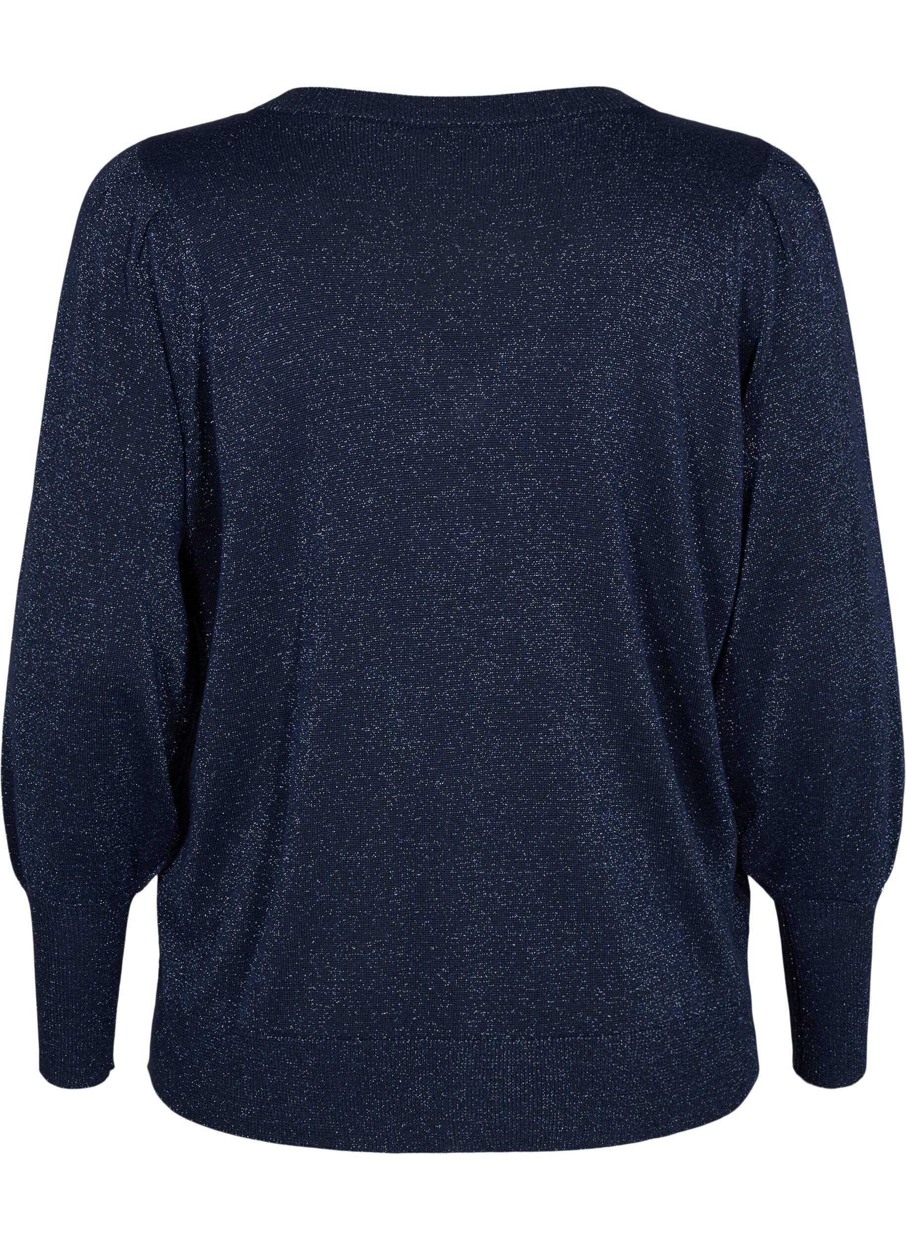 Zizzi Stickad blus med shimmer och V-ringning, Naval A.w.Blue Lurex, Packshot image number 1