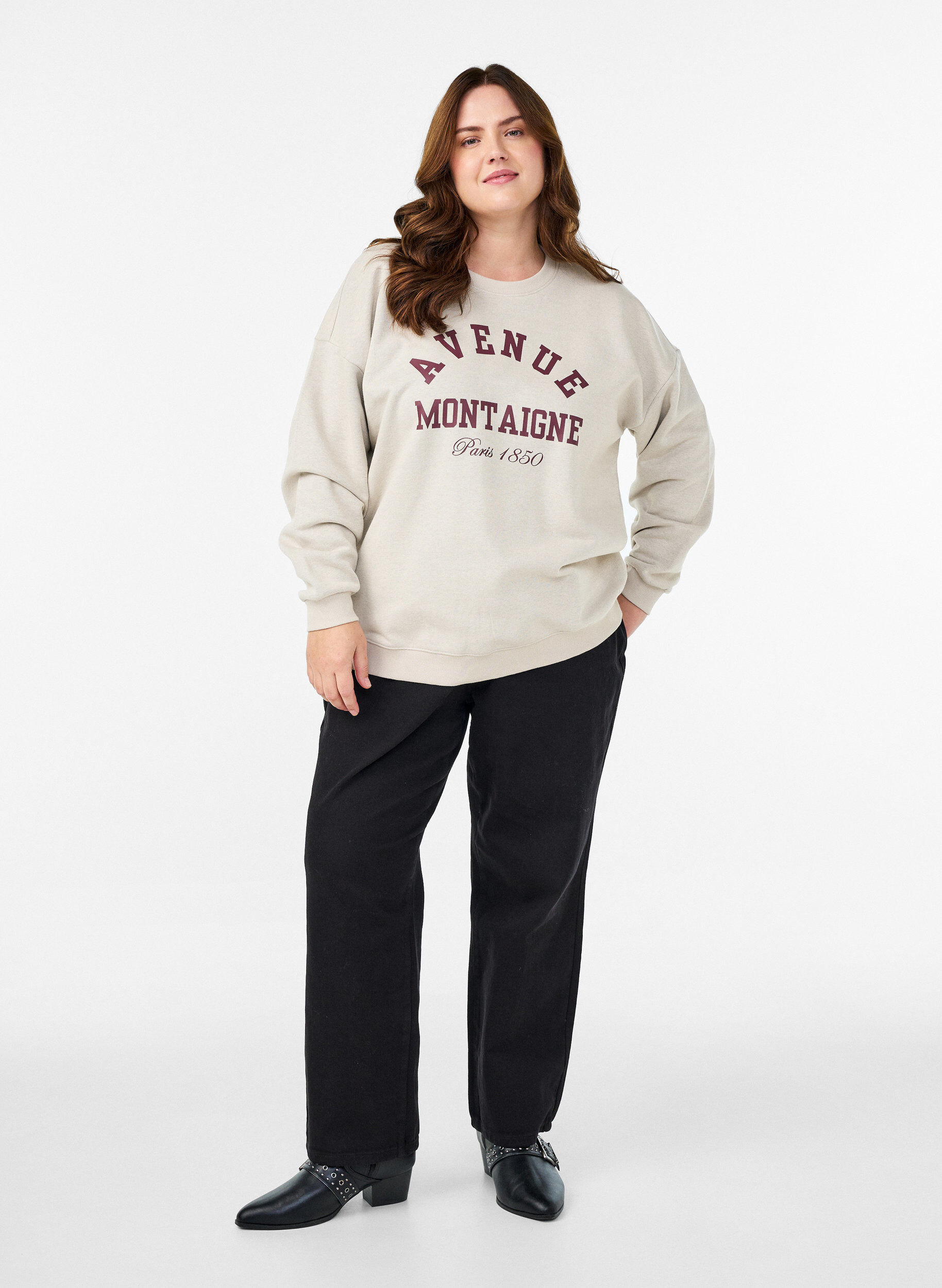 Zizzi Sweatshirt med text framtill, Beige, Model image number 1