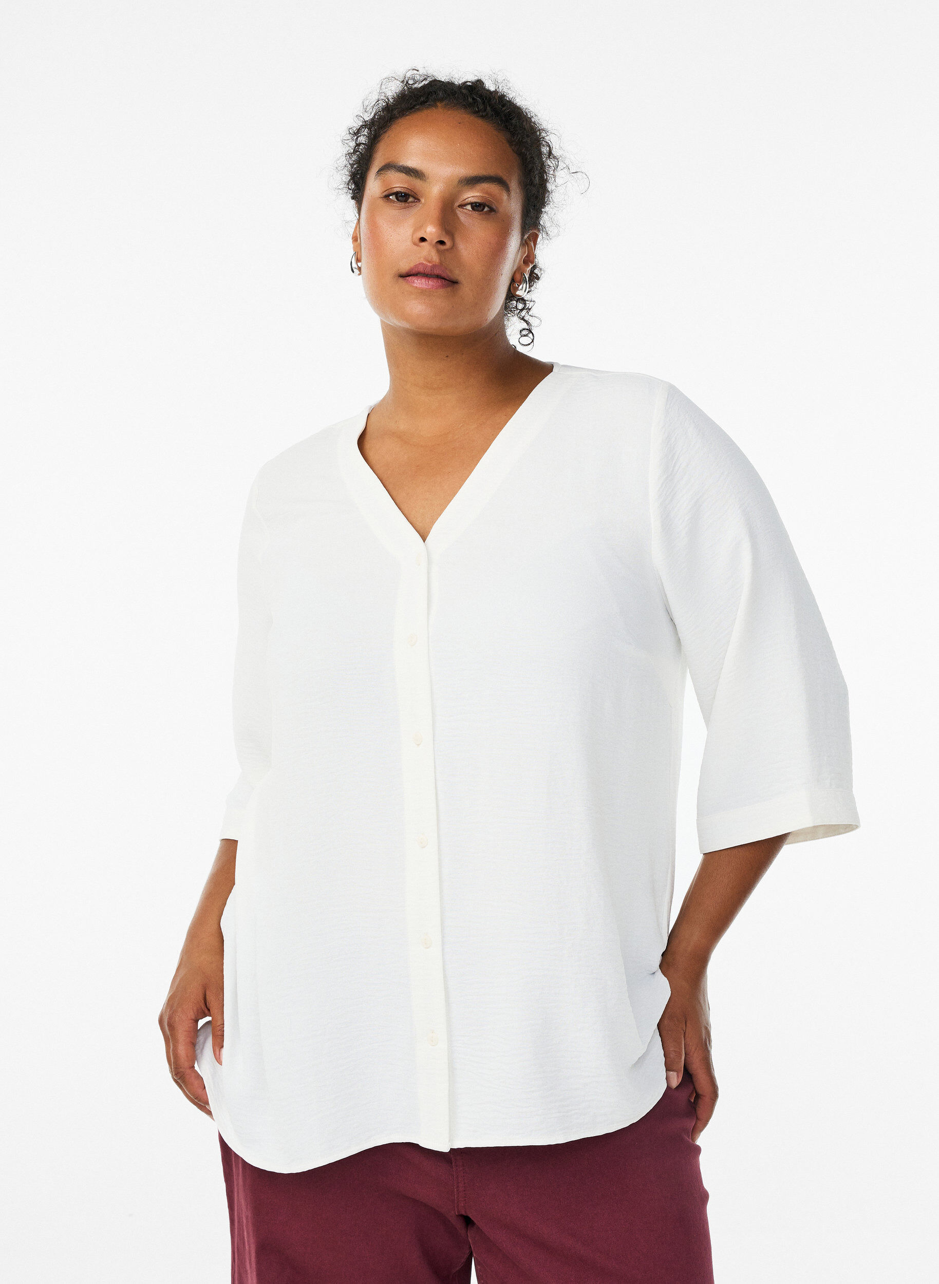 Skjortblus med v-ringning och 3/4-&auml;rm, Vanilla, Model
