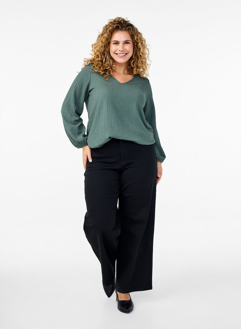 FLASH - Blus med textur och långa ärmar, Balsam Green, Model image number 2