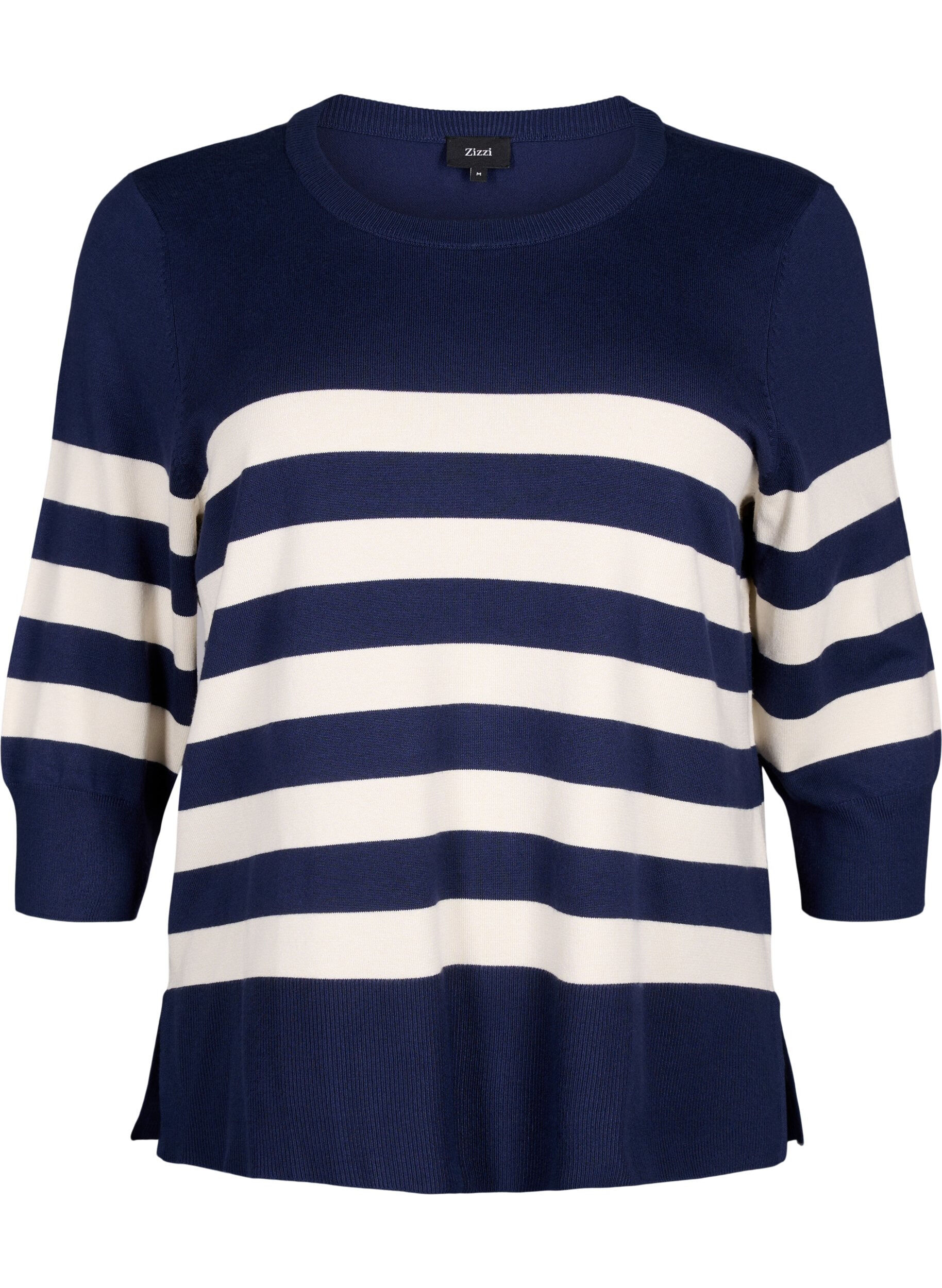 Zizzi Randig pullover i viskos med 3/4 &auml;rmar, Navy Blazer/Birch, Packshot image number 0