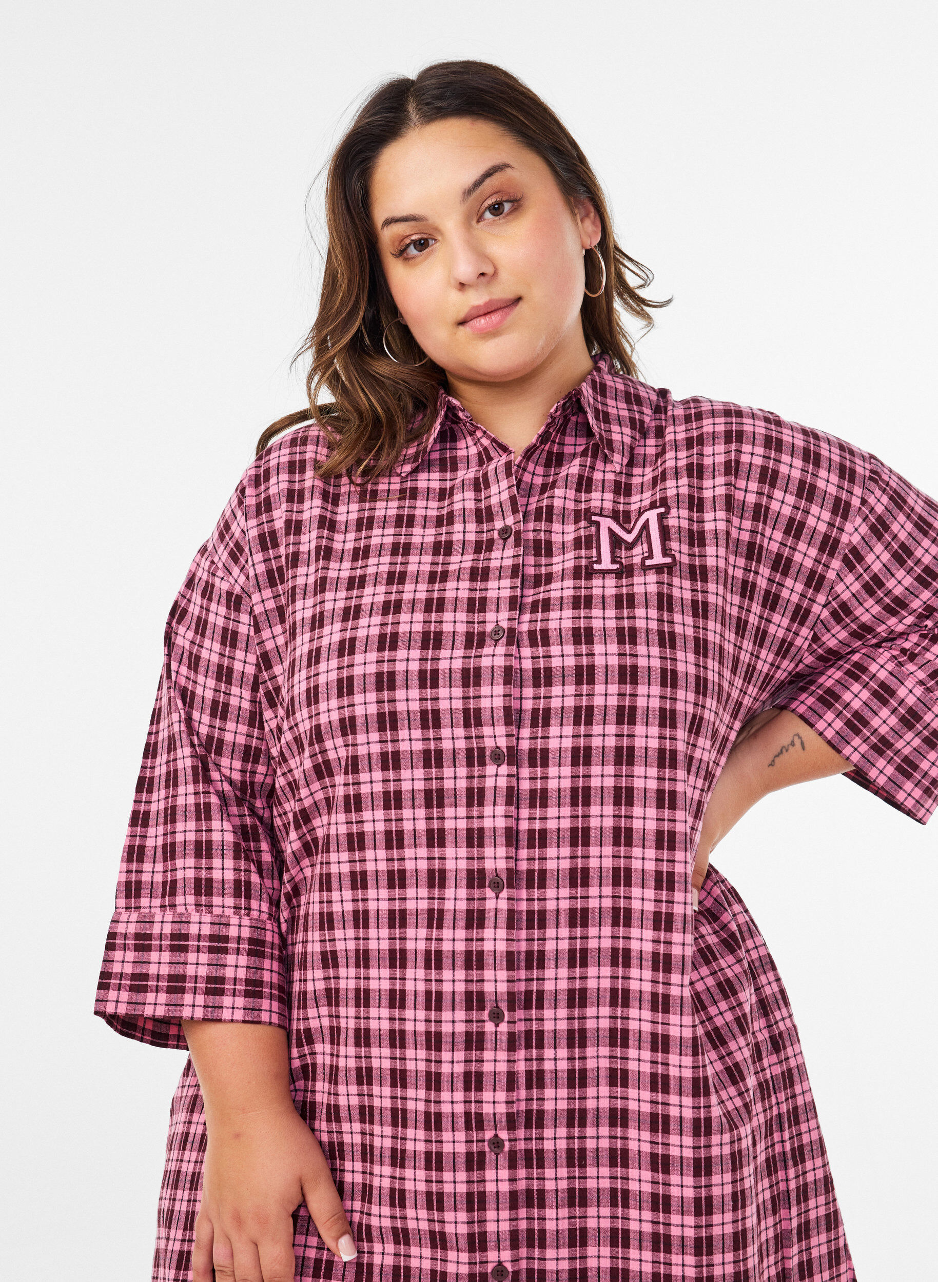 ZizziL&aring;ng rutig skjorta med 3/4-&auml;rmar, Rosa, Model image number 2