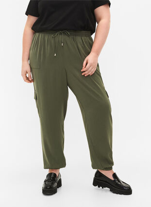 Enfärgade byxor med stora fickor, Black Olive, Model image number 2