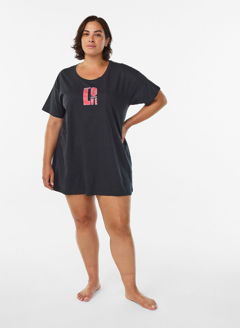 L&aring;ng natt-t-shirt i ekologisk bomull med tryck, Gr&aring;, Model image number 1