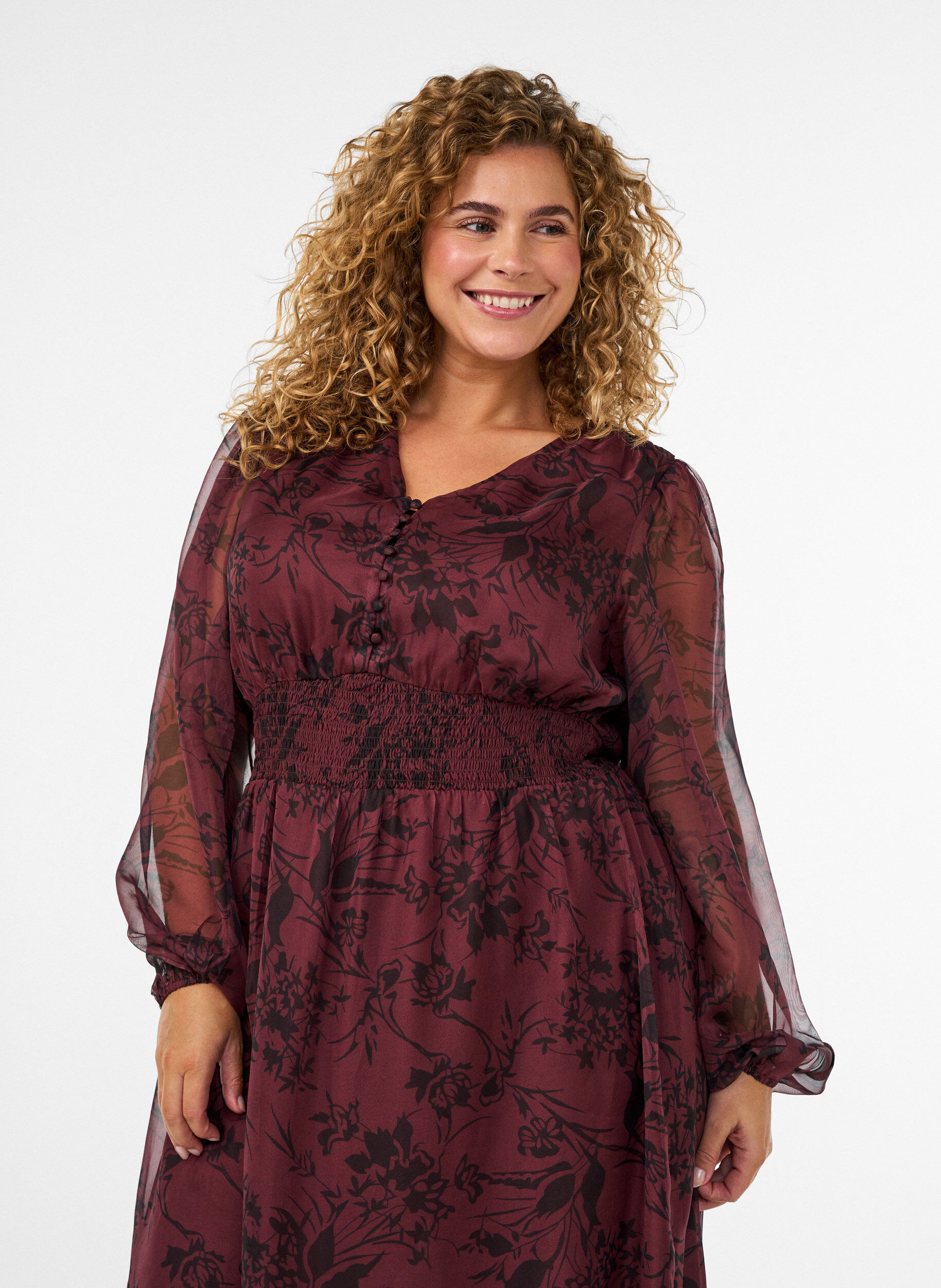 ZizziMaxikl&auml;nning med blommigt m&ouml;nster och smock, M&ouml;rk Bordeaux, Model image number 2