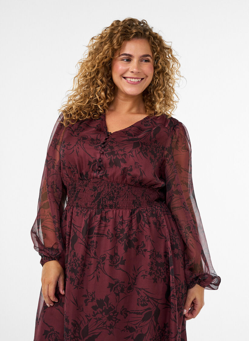 Maxikl&auml;nning med blommigt m&ouml;nster och smock, M&ouml;rk Bordeaux, Model image number 2