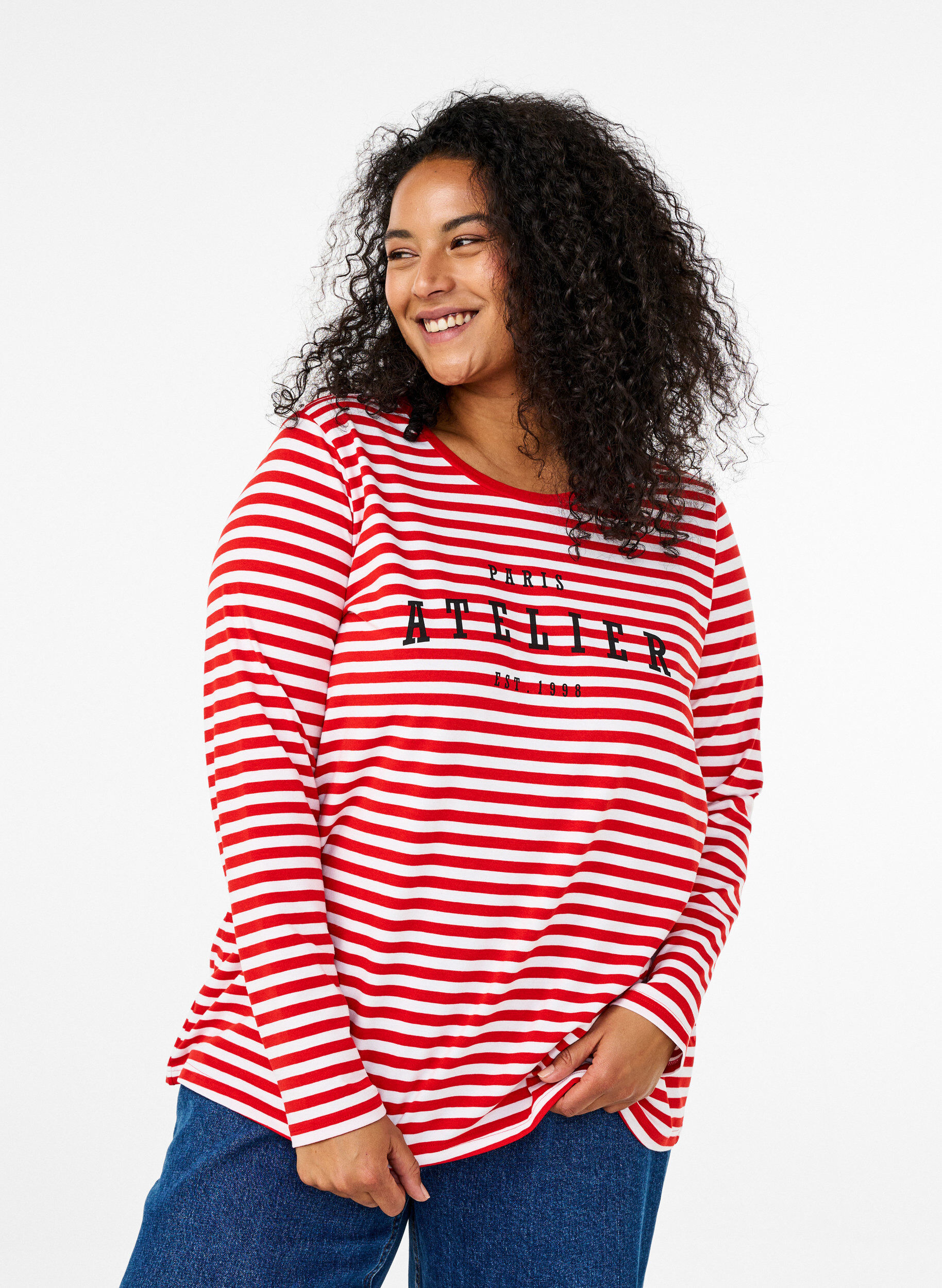 Zizzi Randig blus med motiv, Whitew.FlameS.Stripe, Model image number 0