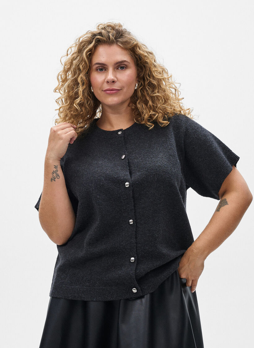 Stickad kofta med korta &auml;rmar, Gr&aring;, Model image number 0