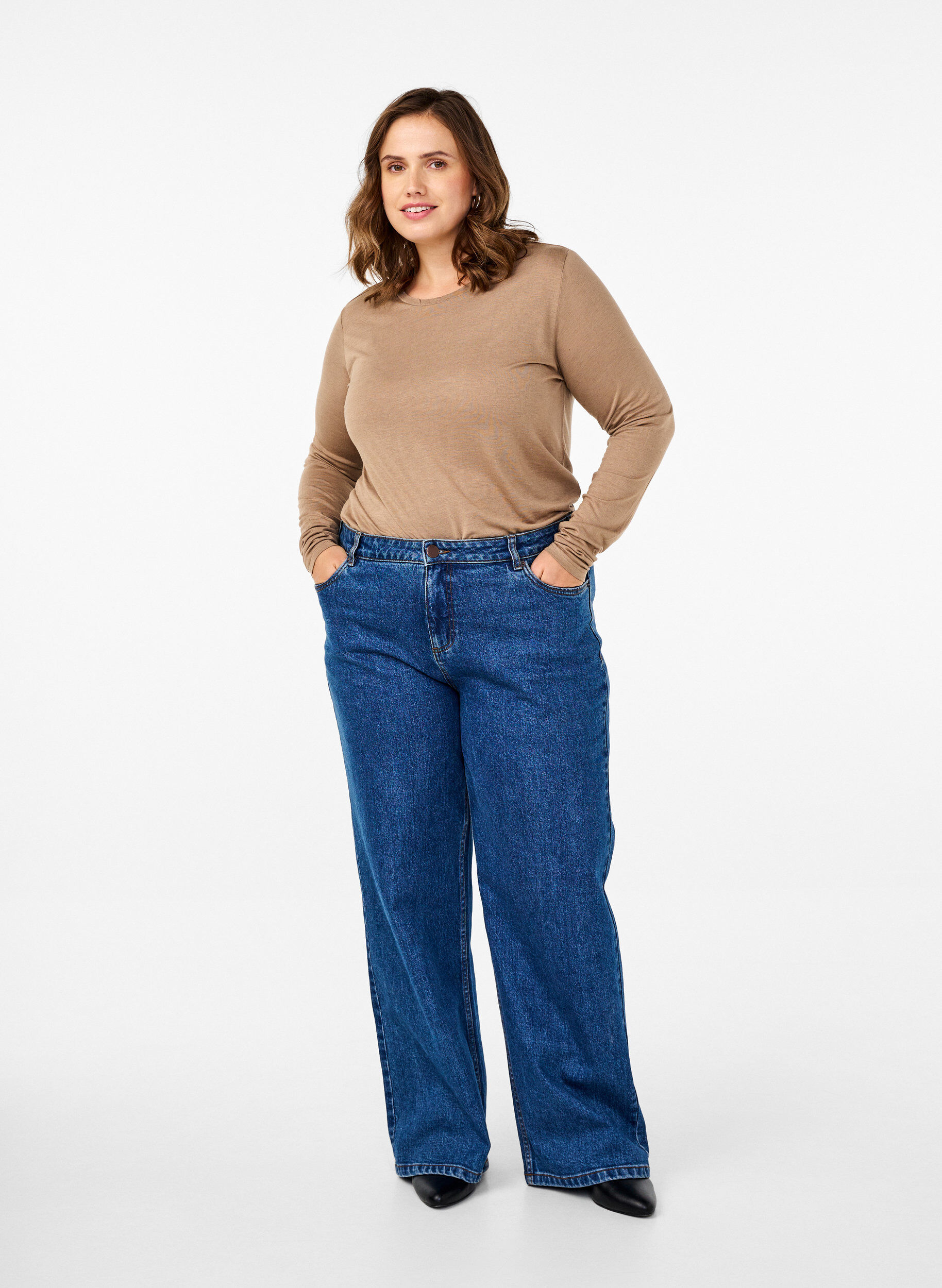 ZizziL&aring;ng&auml;rmad blus i ull och viskos, Brun, Model image number 1