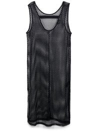 Ärmlös klänning i mesh med slits, Black, Packshot