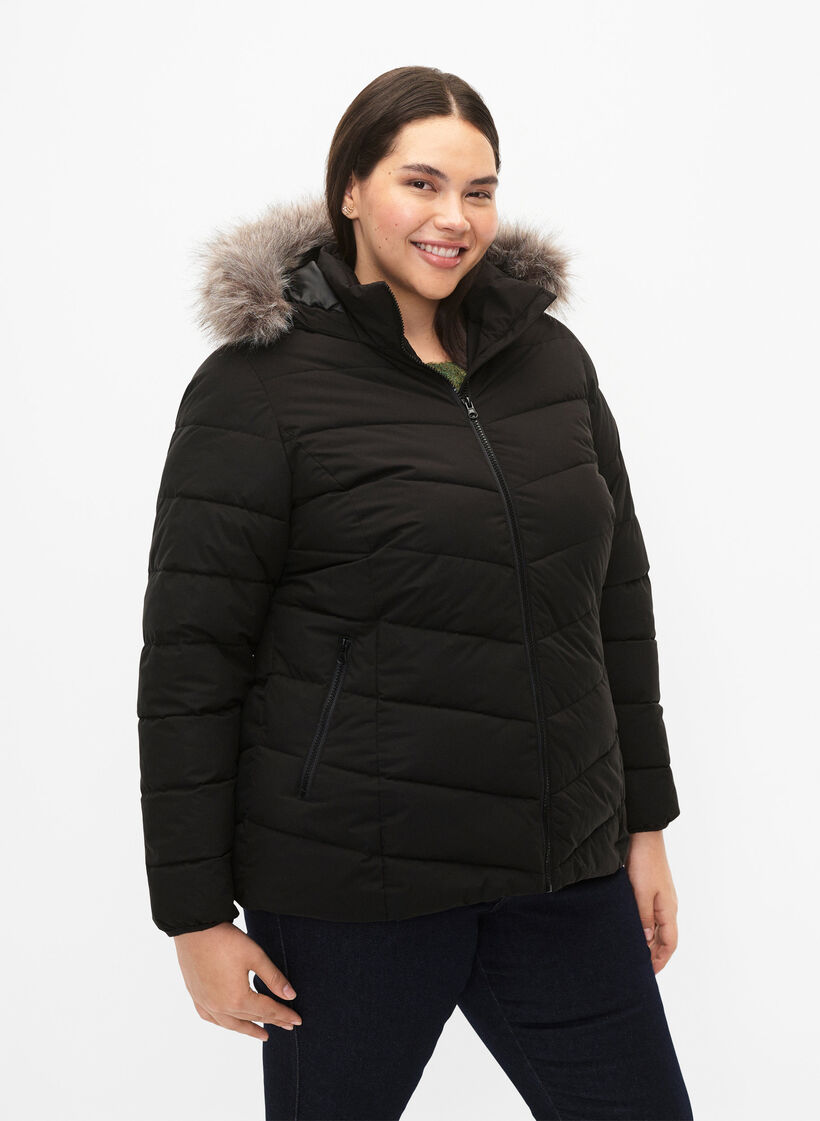 Kort pufferjacka med huva, Svart, Model image number 0