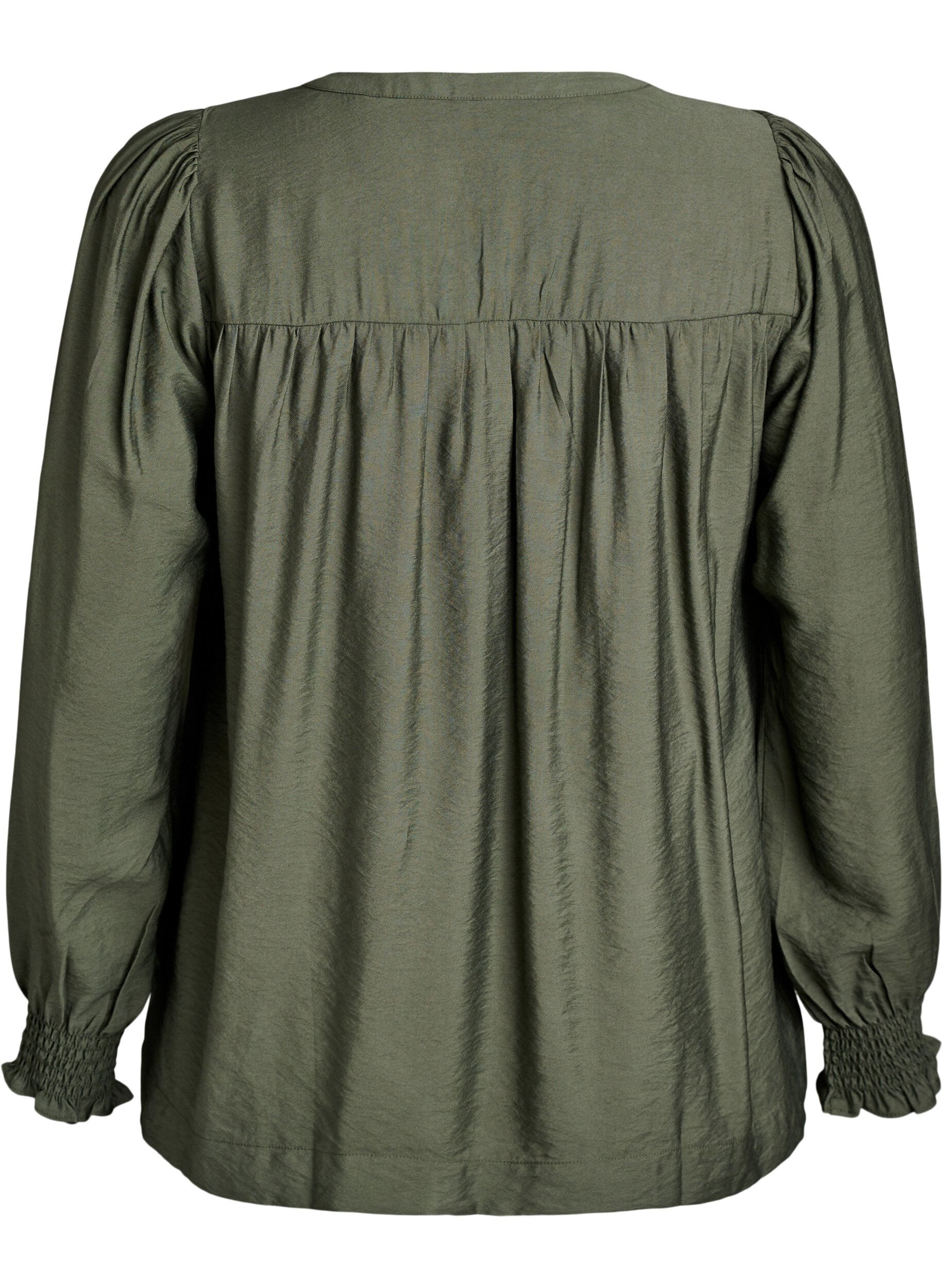 ZizziViskosblus med smock och rynkade detaljer, Gr&ouml;n, Packshot image number 1