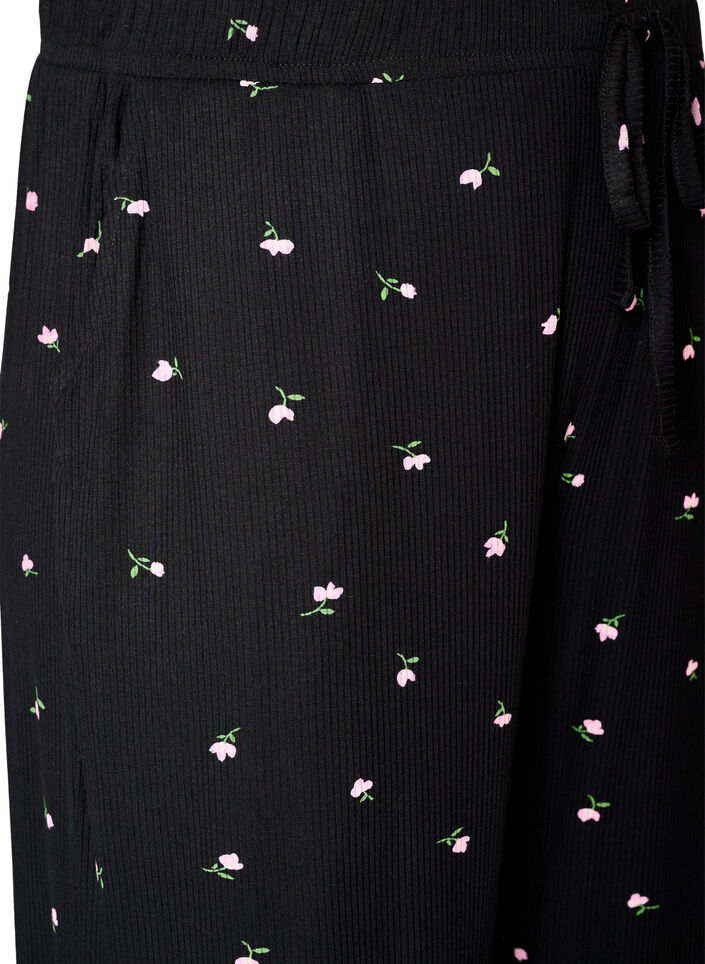 Pyjamasbyxor med ribbad struktur och blommigt m&ouml;nster, Svart, Packshot image number 2
