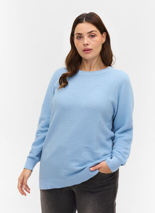 Långärmad stickad tröja i ekologisk bomull, Chambray Blue, Model image number 0