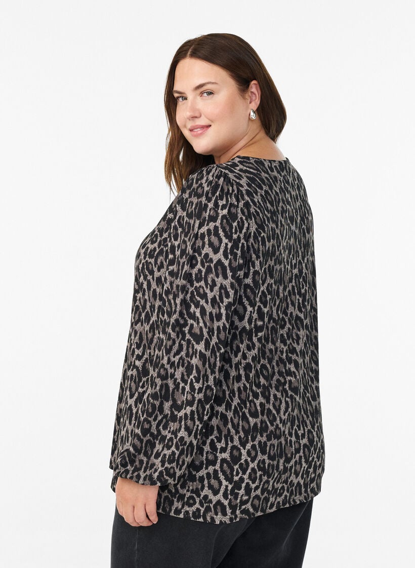 Blus med l&aring;nga &auml;rmar och leopardm&ouml;nster, Gr&aring;, Model image number 2