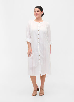 Skjortklänning i bomull med 3/4-ärmar, Bright White, Model image number 2
