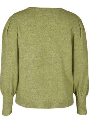 Melerad stickad tröja med puffärmar, Green Olive Mel., Packshot image number 1