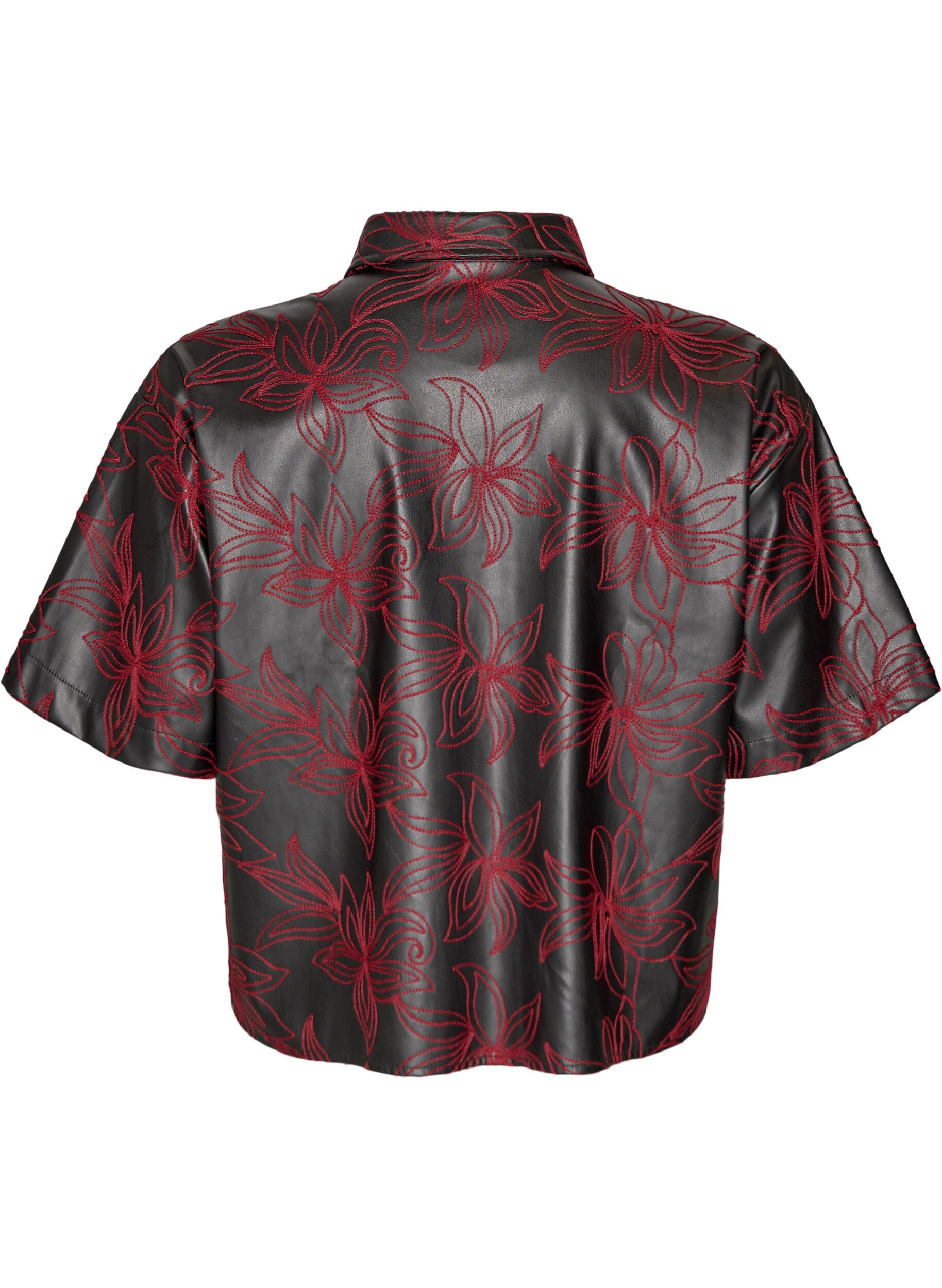 Zizzi Kort skjorta i l&auml;derimitation med kontrastbroderi, Svart, Packshot image number 1