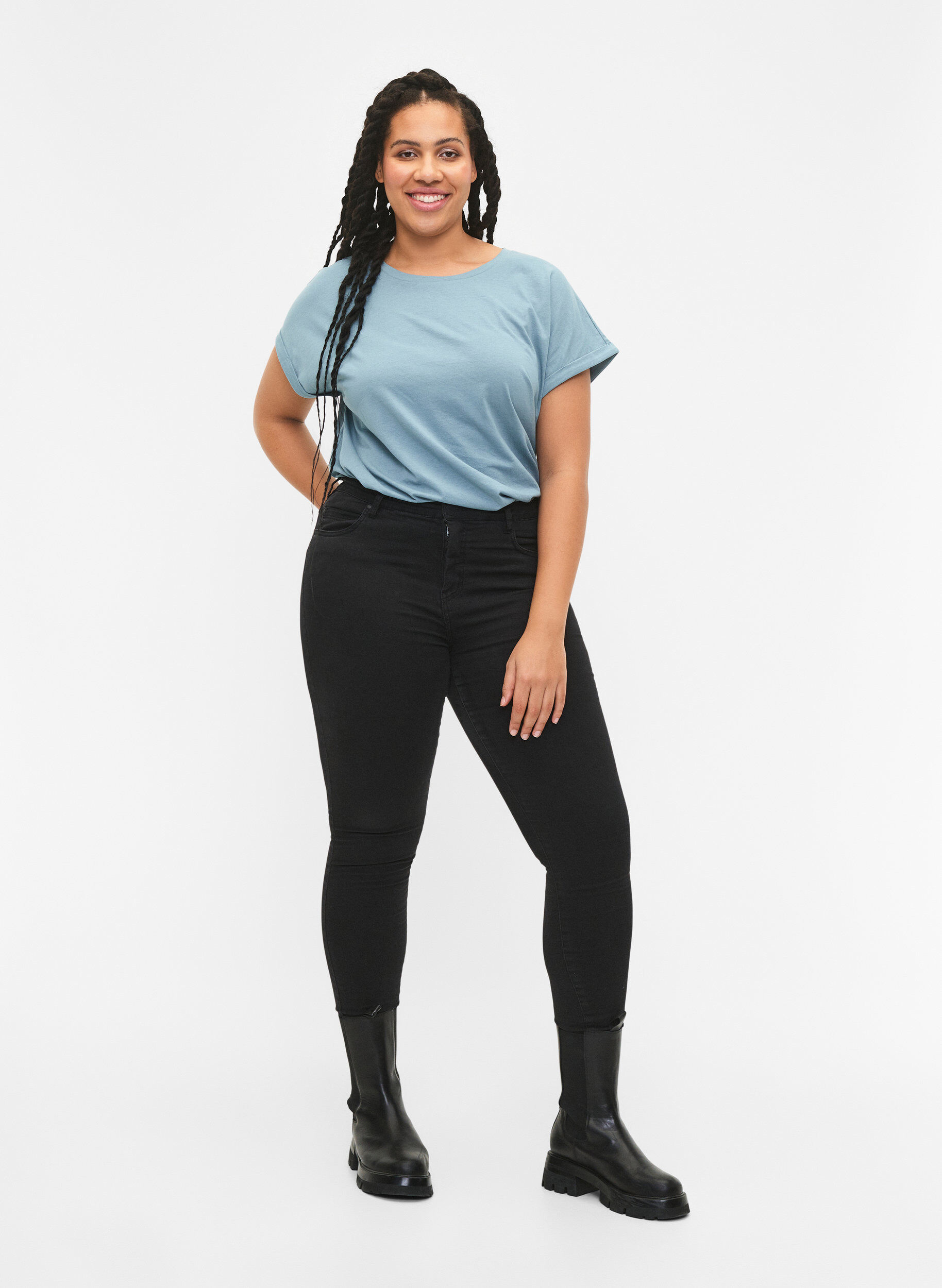 Zizzi 2-pack kort&auml;rmade t-shirtar, Bl&aring;, Model image number 1