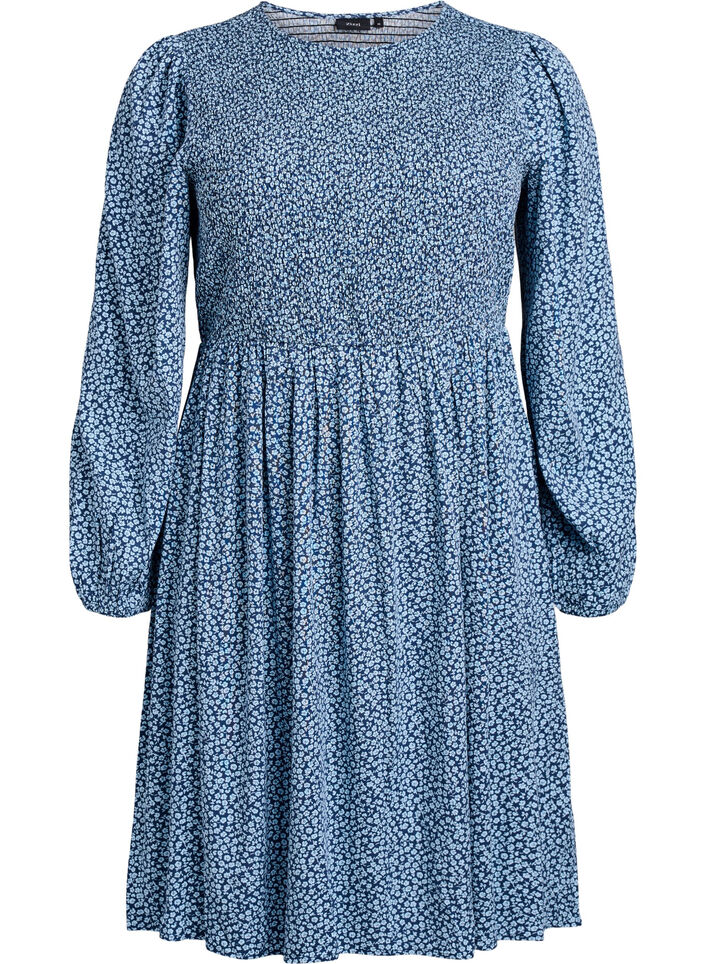 Kl&auml;nning med smock upptill och sm&aring;blommigt m&ouml;nster, Bl&aring;, Packshot image number 0