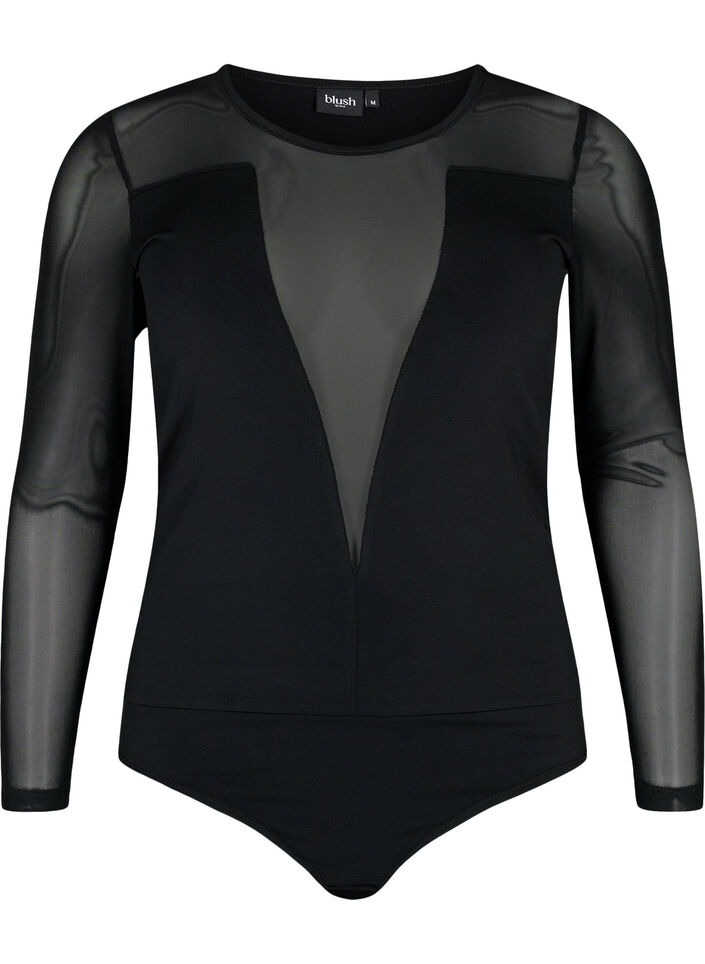 Kroppsnära body med mesh, Black, Packshot image number 0