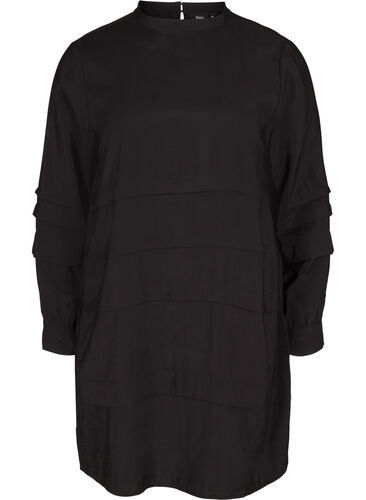 Viskosklänning med långa ärmar och veck, Black, Packshot image number 0