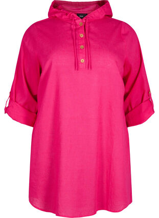 Tunika med huva i bomull och linne, Bright Rose, Packshot image number 0