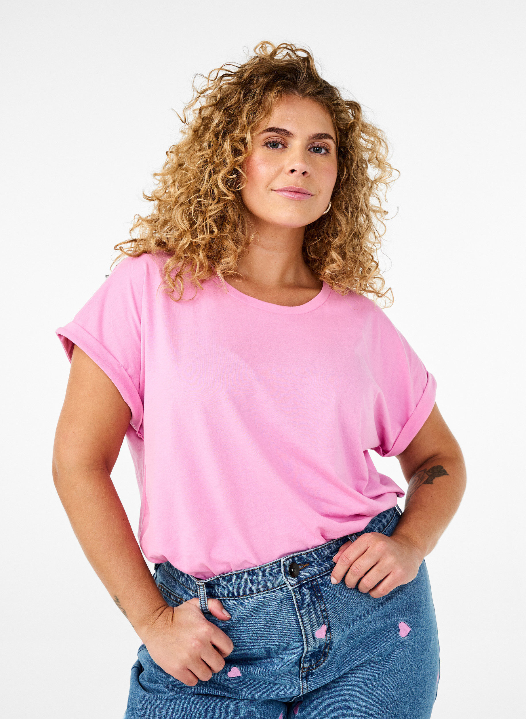 Zizzi 2-pack kort&auml;rmade t-shirtar, Rosa, Model image number 0