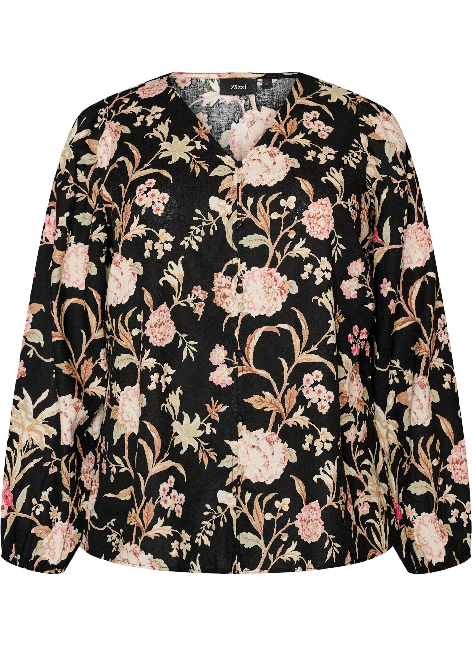 ZizziBlommig blus i linne och viskos med l&aring;nga &auml;rmar, Svart, Packshot image number 0