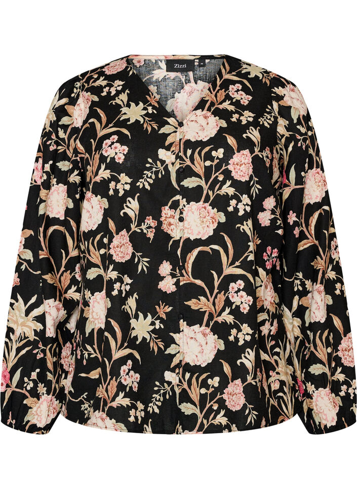 Blommig blus i linne och viskos med l&aring;nga &auml;rmar, Svart, Packshot image number 0