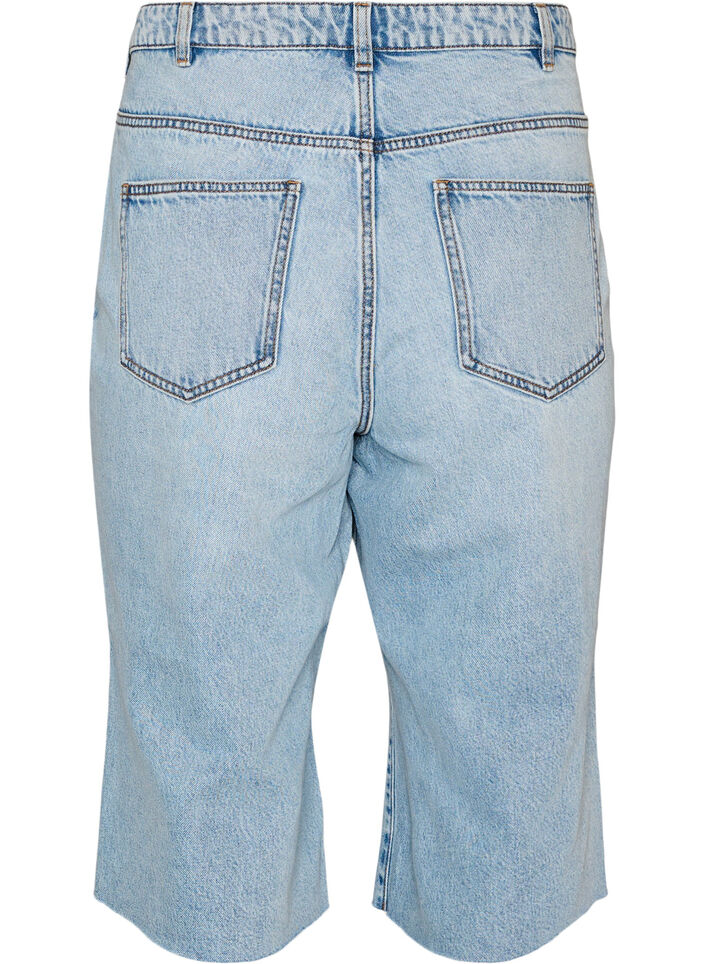 Croppade jeans med en sliten look och r&aring;a kanter, Bl&aring;, Packshot image number 1