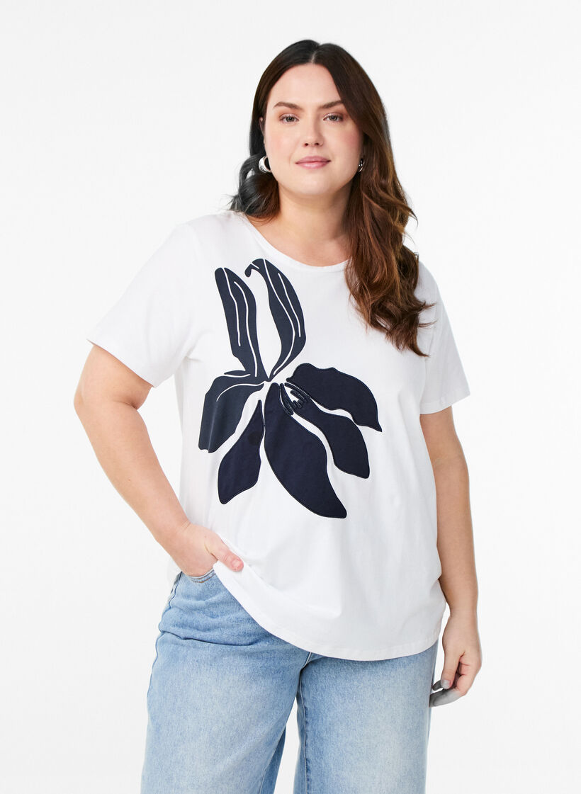 T-shirt i ekologisk bomull med blommigt tryck, B. White w. EMB, Model image number 0