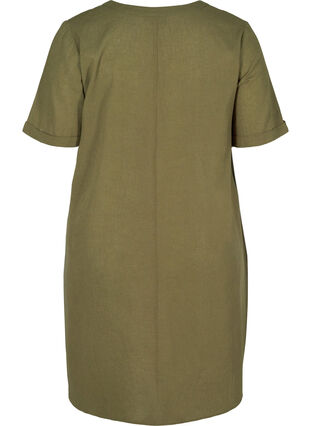 Kortärmad klänning i bomullsmix med linne, Ivy Green, Packshot image number 1