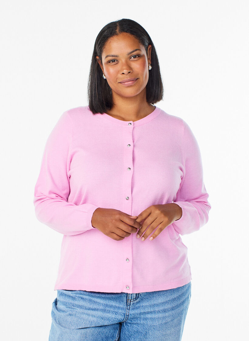 Cardigan med runda knappar, Rosa, Model image number 0